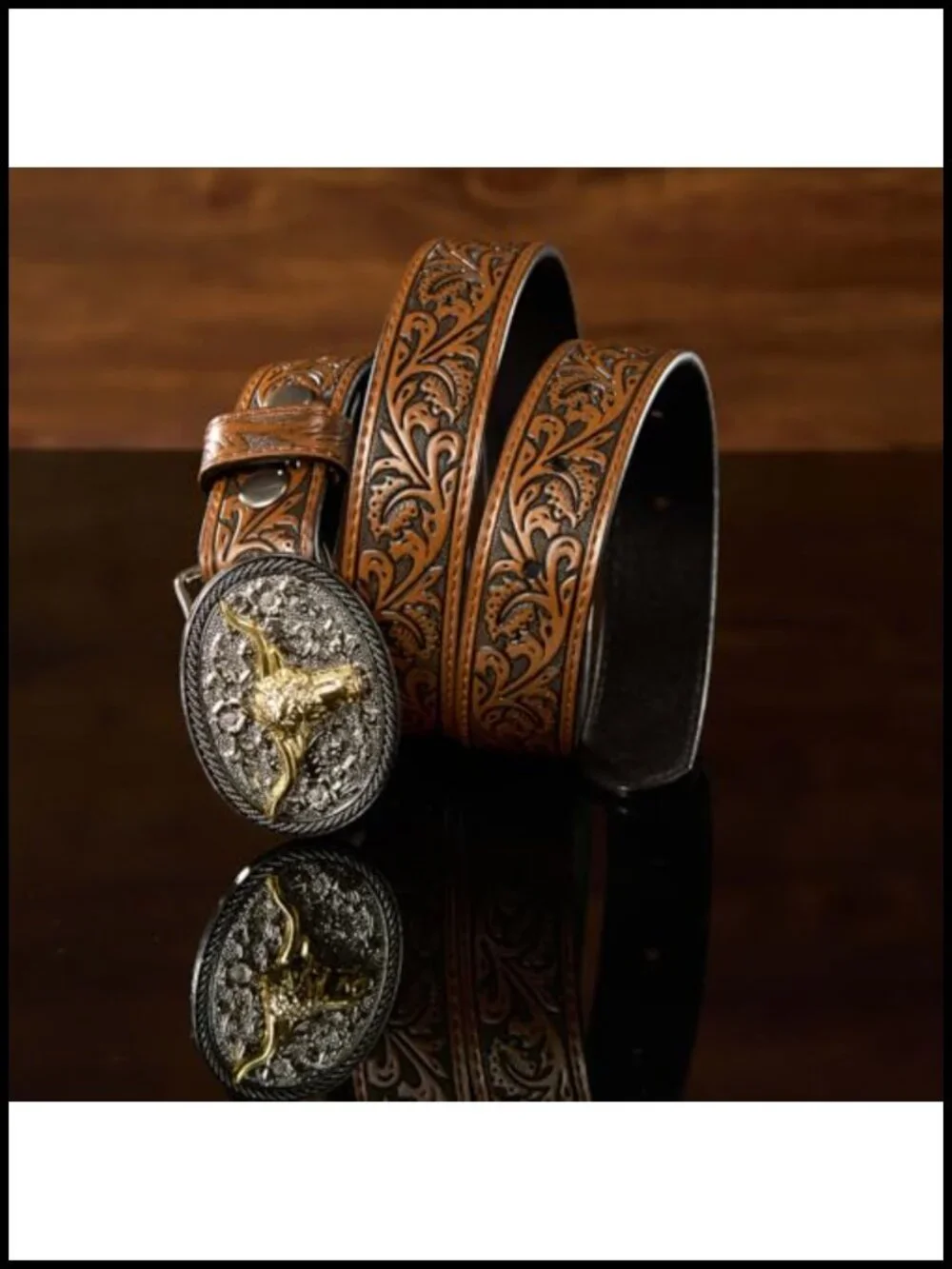 Western Belt - Adjustable Leather Belt with Longhorn Bull Buckle